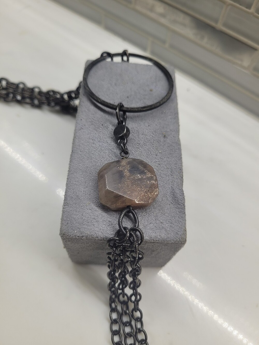 Gun Metal Necklace with Rhinestone And Smoky Quartz
